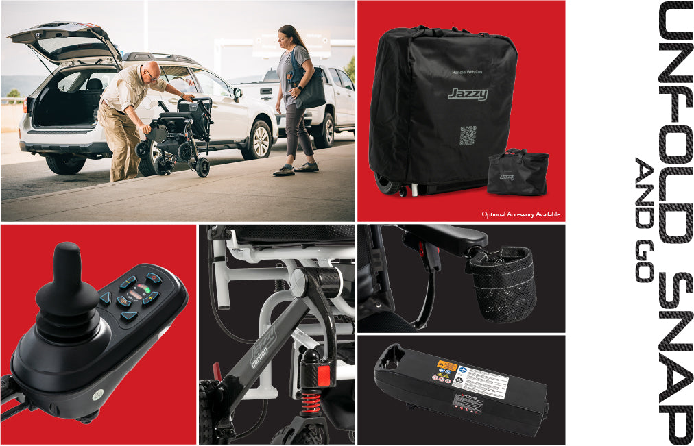 Pride Jazzy Carbon carbon fiber power wheelchair shown folded for travel